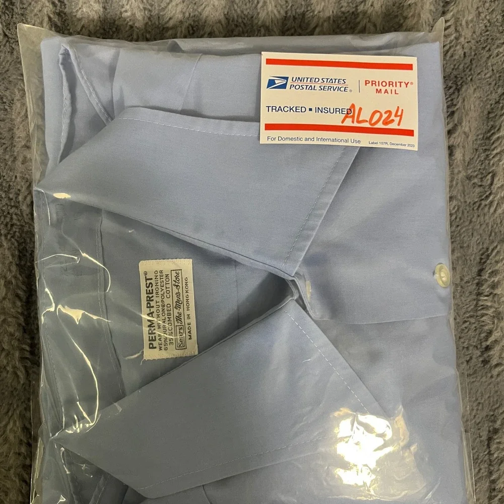 Vintage Perma Prest Sears Men's Light Blue Short Sleeve Button Up Shirt Size 16